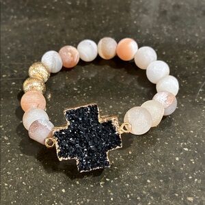 Beaded Druzy Cross Stretch Bracelet - Black & Peach